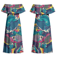 Japan Koinobori Couples Matching Off Shoulder Maxi Dress and Hawaiian Shirt Japanese Koi Flag Waves Pattern