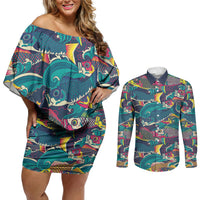 Japan Koinobori Couples Matching Off Shoulder Short Dress and Long Sleeve Button Shirt Japanese Koi Flag Waves Pattern