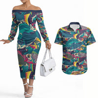 Japan Koinobori Couples Matching Off The Shoulder Long Sleeve Dress and Hawaiian Shirt Japanese Koi Flag Waves Pattern