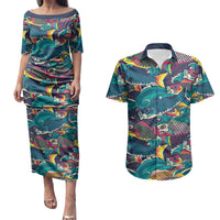 Japan Koinobori Couples Matching Puletasi and Hawaiian Shirt Japanese Koi Flag Waves Pattern