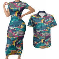 Japan Koinobori Couples Matching Short Sleeve Bodycon Dress and Hawaiian Shirt Japanese Koi Flag Waves Pattern