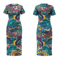 Japan Koinobori Couples Matching Short Sleeve Bodycon Dress and Hawaiian Shirt Japanese Koi Flag Waves Pattern