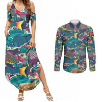Japan Koinobori Couples Matching Summer Maxi Dress and Long Sleeve Button Shirt Japanese Koi Flag Waves Pattern