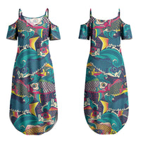 Japan Koinobori Couples Matching Summer Maxi Dress and Long Sleeve Button Shirt Japanese Koi Flag Waves Pattern
