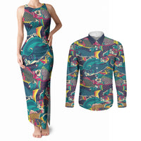 Japan Koinobori Couples Matching Tank Maxi Dress and Long Sleeve Button Shirt Japanese Koi Flag Waves Pattern