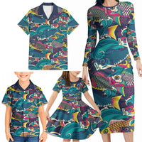 Japan Koinobori Family Matching Long Sleeve Bodycon Dress and Hawaiian Shirt Japanese Koi Flag Waves Pattern