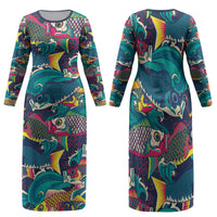 Japan Koinobori Family Matching Long Sleeve Bodycon Dress and Hawaiian Shirt Japanese Koi Flag Waves Pattern