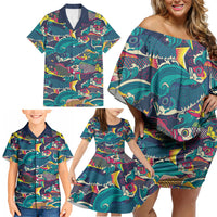 Japan Koinobori Family Matching Off Shoulder Short Dress and Hawaiian Shirt Japanese Koi Flag Waves Pattern