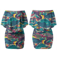 Japan Koinobori Family Matching Off Shoulder Short Dress and Hawaiian Shirt Japanese Koi Flag Waves Pattern