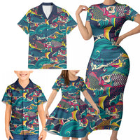 Japan Koinobori Family Matching Short Sleeve Bodycon Dress and Hawaiian Shirt Japanese Koi Flag Waves Pattern