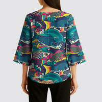 Japan Koinobori Kimono Sleeve Blouse Japanese Koi Flag Waves Pattern