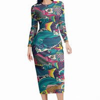 Japan Koinobori Long Sleeve Bodycon Dress Japanese Koi Flag Waves Pattern
