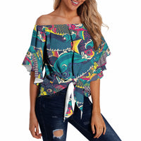 Japan Koinobori Off Shoulder Wrap Waist Top Japanese Koi Flag Waves Pattern
