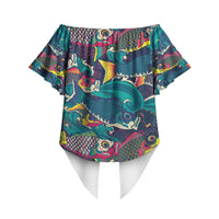 Japan Koinobori Off Shoulder Wrap Waist Top Japanese Koi Flag Waves Pattern