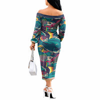 Japan Koinobori Off The Shoulder Long Sleeve Dress Japanese Koi Flag Waves Pattern