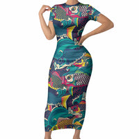 Japan Koinobori Short Sleeve Bodycon Dress Japanese Koi Flag Waves Pattern