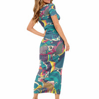 Japan Koinobori Short Sleeve Bodycon Dress Japanese Koi Flag Waves Pattern