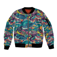Japan Koinobori Sleeve Zip Bomber Jacket Japanese Koi Flag Waves Pattern