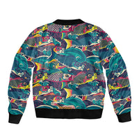 Japan Koinobori Sleeve Zip Bomber Jacket Japanese Koi Flag Waves Pattern