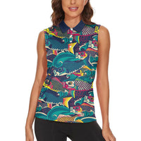 Japan Koinobori Women Sleeveless Polo Shirt Japanese Koi Flag Waves Pattern