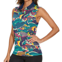Japan Koinobori Women Sleeveless Polo Shirt Japanese Koi Flag Waves Pattern