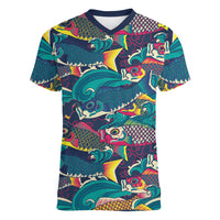 Japan Koinobori Women V-Neck T-Shirt Japanese Koi Flag Waves Pattern
