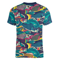 Japan Koinobori Women V-Neck T-Shirt Japanese Koi Flag Waves Pattern