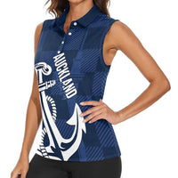 New Zealand Auckland Football Custom Women Sleeveless Polo Shirt Navy Blue City Anchor Sky Tower Symbol LT14 - Polynesian Pride