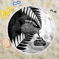 New Zealand Silver Fern Curling Personalised Beach Blanket Aotearoa Kiwi Ponga Black White Version - Polynesian Pride
