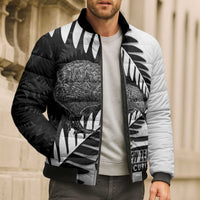 New Zealand Silver Fern Curling Personalised Bomber Puffer Jacket Aotearoa Kiwi Ponga Black White Version - Polynesian Pride