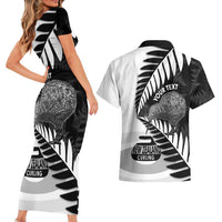 New Zealand Silver Fern Curling Personalised Couples Matching Short Sleeve Bodycon Dress and Hawaiian Shirt Aotearoa Kiwi Ponga Black White Version LT14 - Polynesian Pride