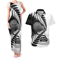 New Zealand Silver Fern Curling Personalised Couples Matching Tank Maxi Dress and Hawaiian Shirt Aotearoa Kiwi Ponga Black White Version LT14 Black - Polynesian Pride