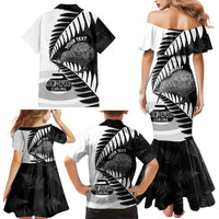 New Zealand Silver Fern Curling Personalised Family Matching Mermaid Dress and Hawaiian Shirt Aotearoa Kiwi Ponga Black White Version LT14 - Polynesian Pride