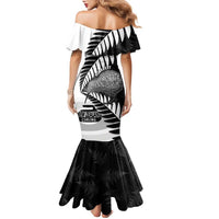 New Zealand Silver Fern Curling Personalised Family Matching Mermaid Dress and Hawaiian Shirt Aotearoa Kiwi Ponga Black White Version LT14 - Polynesian Pride