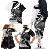 New Zealand Silver Fern Curling Personalised Family Matching Off The Shoulder Long Sleeve Dress and Hawaiian Shirt Aotearoa Kiwi Ponga Black White Version LT14 - Polynesian Pride