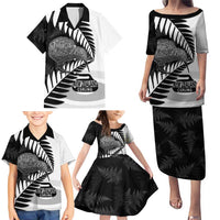 New Zealand Silver Fern Curling Personalised Family Matching Puletasi and Hawaiian Shirt Aotearoa Kiwi Ponga Black White Version LT14 - Polynesian Pride