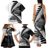 New Zealand Silver Fern Curling Personalised Family Matching Tank Maxi Dress and Hawaiian Shirt Aotearoa Kiwi Ponga Black White Version LT14 - Polynesian Pride