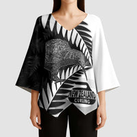New Zealand Silver Fern Curling Personalised Kimono Sleeve Blouse Aotearoa Kiwi Ponga Black White Version - Polynesian Pride