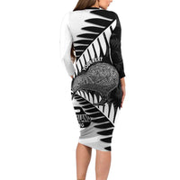 New Zealand Silver Fern Curling Personalised Long Sleeve Bodycon Dress Aotearoa Kiwi Ponga Black White Version - Polynesian Pride