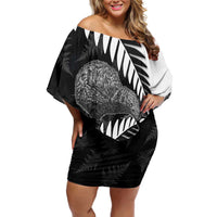 New Zealand Silver Fern Curling Personalised Off Shoulder Short Dress Aotearoa Kiwi Ponga Black White Version - Polynesian Pride