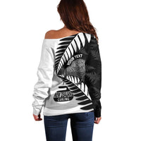 New Zealand Silver Fern Curling Personalised Off Shoulder Sweater Aotearoa Kiwi Ponga Black White Version - Polynesian Pride