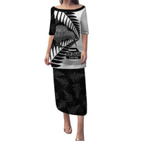 New Zealand Silver Fern Curling Personalised Puletasi Aotearoa Kiwi Ponga Black White Version - Polynesian Pride