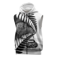 New Zealand Silver Fern Curling Personalised Sleeveless Zip Hoodie Aotearoa Kiwi Ponga Black White Version - Polynesian Pride