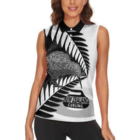 New Zealand Silver Fern Curling Personalised Women Sleeveless Polo Shirt Aotearoa Kiwi Ponga Black White Version LT14 - Polynesian Pride