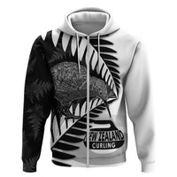 New Zealand Silver Fern Curling Personalised Zip Hoodie Aotearoa Kiwi Ponga Black White Version - Polynesian Pride