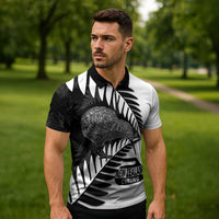 New Zealand Silver Fern Curling Personalised Zipper Polo Shirt Aotearoa Kiwi Ponga Black White Version - Polynesian Pride