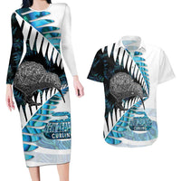 New Zealand Silver Fern Curling Personalised Couples Matching Long Sleeve Bodycon Dress and Hawaiian Shirt Aotearoa Kiwi Ponga Paua Shell Version LT14 Black - Polynesian Pride