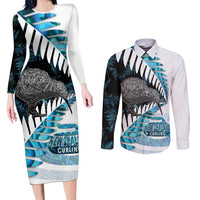 New Zealand Silver Fern Curling Personalised Couples Matching Long Sleeve Bodycon Dress and Long Sleeve Button Shirt Aotearoa Kiwi Ponga Paua Shell Version LT14 Black - Polynesian Pride