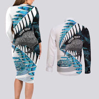 New Zealand Silver Fern Curling Personalised Couples Matching Long Sleeve Bodycon Dress and Long Sleeve Button Shirt Aotearoa Kiwi Ponga Paua Shell Version LT14 - Polynesian Pride