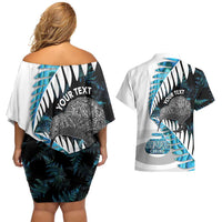 New Zealand Silver Fern Curling Personalised Couples Matching Off Shoulder Short Dress and Hawaiian Shirt Aotearoa Kiwi Ponga Paua Shell Version LT14 - Polynesian Pride